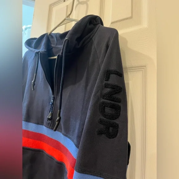 Women's Navy Zip-Up Hoodie with Red and Blue Stripes - Picture 4 of 5